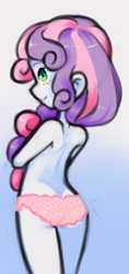 Size: 667x1411 | Tagged: suggestive, artist:drantyno, sweetie belle, banned from derpibooru, blushing, clothes, equestria girls, female, gradient background, imported from twibooru, lolicon, panties, pink underwear, solo, solo female, underage, underwear