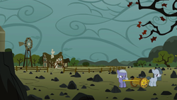 Size: 1920x1080 | Tagged: safe, editor:zyuva, alternate version, cloud, cloudy, dead tree, derpibooru exclusive, duo, duo female, earth pony, edit, edited screencap, female, fence, filly, filly limestone pie, filly marble pie, foal, g4, house, imported from derpibooru, leaves, limestone pie, low effort, marble pie, my little pony: friendship is magic, outdoors, overcast, pie family home, pie sisters, pony, reference used, rock, rock farm, scenery, screencap, season 1, siblings, sisters, the cutie mark chronicles, tree, wallpaper, wallpaper edit, windmill, younger