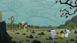 Size: 1920x1080 | Tagged: safe, editor:zyuva, cloud, cloudy, dead tree, derpibooru exclusive, duo, duo female, earth pony, edit, edited screencap, female, fence, filly, filly limestone pie, filly marble pie, foal, g4, house, imported from derpibooru, leaves, limestone pie, low effort, marble pie, my little pony: friendship is magic, outdoors, overcast, pie family home, pie sisters, pony, rock, rock farm, scenery, screencap, season 1, siblings, sisters, the cutie mark chronicles, tree, wallpaper, wallpaper edit, windmill, younger