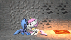 Size: 1280x720 | Tagged: safe, artist:e-raste, princess celestia, princess luna, 3d, alicorn, animated, boop, cave, female, filly, filly luna, foal, g4, imported from derpibooru, minecraft, noseboop, woona, younger