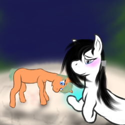 Size: 1000x1000 | Tagged: safe, artist:jack-ponys, oc, oc:rady pop, oc:rady smoothly, amniotic fluid, blushing, comforting, crying, eyebrows, female, filly, foal, forest, gazing, hair over one eye, hairband, imported from derpibooru, nature, newborn, night, oc only, reaching, tree, tree stump