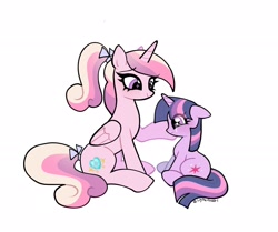 Size: 2048x1713 | Tagged: safe, artist:lilytheflowerl, twilight sparkle, alicorn, comforting, crying, cute, cutedance, duo, female, filly, floppy ears, foal, g4, horn, imported from derpibooru, pony, princess cadance, sad, sadorable, simple background, twiabetes, unicorn, unicorn twilight, white background