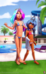 Size: 1428x2280 | Tagged: questionable, artist:sugarlesspaints, princess celestia, princess luna, banned from derpibooru, barefoot, bikini, breasts, cameltoe, cewestia, clothes, feet, female, horn, horned humanization, human, humanized, imported from twibooru, lolicon, royal sisters, siblings, sisters, small breasts, smiling, swimming pool, swimsuit, toenails, underage, winged humanization, wings, woona, younger