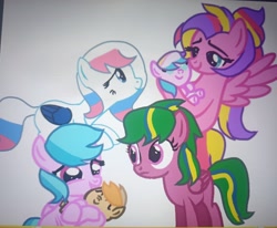 Size: 3257x2690 | Tagged: safe, artist:oumirot, oc, oc:excite, oc:lightning fast, oc:star wish, oc:surpr firelight, baby, female, filly, foal, g3, g3 to g4, g4, generation leap, imported from derpibooru, magical lesbian spawn, mother and child, oc only, offspring, parent:firefly, parent:skywishes, parent:star catcher, parent:surprise, parents:fireprise, parents:skycatcher, pegasus, pegasus surpr firelight, photo, picture of a screen, pony, skywishes (g4), star catcher, younger