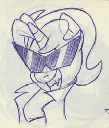 Size: 832x971 | Tagged: safe, artist:unitxxvii, oc, oc:dyx, alicorn, bust, fangs, female, filly, foal, grin, imported from derpibooru, monochrome, oc only, pen drawing, pony, smiling, solo, sunglasses, traditional art