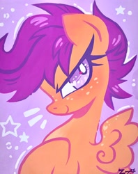 Size: 1620x2048 | Tagged: safe, artist:zugarztrings, scootaloo, female, filly, foal, freckles, g4, heart, imported from derpibooru, painting, pegasus, pony, purple background, signature, simple background, smiling, smirk, solo, spread wings, stars, traditional art, wings