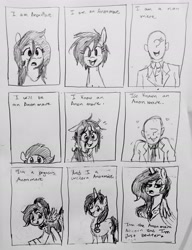 Size: 2296x2988 | Tagged: safe, artist:pony quarantine, oc, oc:anon, oc:anon-mare, oc:anonicorn, oc:femanon, oc:filly anon, oc:floor bored, series:pq funnies, bowtie, clothes, comic, comic strip, dialogue, earth pony, emanata, eyebrows, eyebrows visible through hair, female, filly, foal, frown, grayscale, heart, horn, human, imported from derpibooru, lidded eyes, looking at you, male, mare, monochrome, oc only, open mouth, open smile, pegasus, pencil drawing, plewds, pony, smiling, smiling at you, talking to viewer, traditional art, unicorn, vest