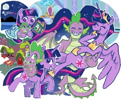 Size: 1732x1430 | Tagged: safe, artist:stripedgoon, spike, twilight sparkle, adult, adult spike, age progression, alicorn, baby, baby spike, belly, blanket, book, canterlot, canterlot castle, collage, concave belly, crown, cute, digital art, door, dragon, dragons riding ponies, ethereal mane, ethereal tail, eyes closed, female, filly, foal, g1, g4, gigachad spike, golden oaks library, grass, gusty, gusty the great, height difference, holding a pony, hoof shoes, horn, imported from derpibooru, jewelry, laughing, long mane, long tail, looking at each other, looking at someone, magic, male, mare, mare in the moon, moon, mountain, mountain range, night, night sky, older, older spike, older twilight, older twilight sparkle (alicorn), open mouth, partially open wings, peytral, physique difference, pony, princess twilight 2.0, raised hoof, raised leg, regalia, riding, riding a pony, rug, seat, self paradox, self ponidox, sharp teeth, shooting star, sitting, sitting on person, sitting on pony, sky, slender, snuggling, sparkles, spikabetes, spike riding twilight, spread wings, stained glass, standing, standing on two hooves, stars, tail, tall, tapestry, teeth, telekinesis, thin, throne, throne room, unicorn, unicorn twilight, wall of tags, window, winged spike, wingless spike, wings, younger