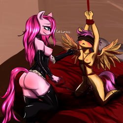 Size: 2344x2344 | Tagged: explicit, artist:cali luminos, pinkie pie, scootaloo, anthro, ass, banned from derpibooru, bdsm, bed, blindfold, blushing, bondage, breastless clothes, breasts, butt, choker, clothes, corset, dominatrix, drool, earth pony, evening gloves, female, femdom, femsub, gloves, imported from twibooru, lesbian, lolicon, long gloves, nipples, nsfw, nudity, older, open mouth, pegasus, pinkamena diane pie, riding crop, sex toy, shibari, smiling, socks, spread wings, submissive, thigh highs, underage, unguligrade anthro, vagina, vibrator, vulva, wings