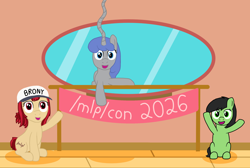 Size: 2703x1815 | Tagged: safe, artist:powman101, oc, oc:conpone, oc:contard, oc:filly anon, /mlp/, /mlp/ con, earth pony, female, filly, foal, hat, horn, imported from derpibooru, lying down, oc only, pony, prone, raised hoof, sitting, trio, unicorn
