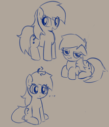 Size: 645x753 | Tagged: safe, artist:caraloh, oc, oc:filly anon, ..., earth pony, female, filly, foal, gray background, grayscale, imported from derpibooru, lying down, monochrome, oc only, pony, prone, simple background, sitting, solo