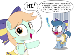 Size: 1600x1200 | Tagged: safe, artist:ponypretzel, blushing, blushing profusely, bow, cheerleader, cheerleader outfit, clothes, colt, crossdressing, crossed hooves, dialogue, earth pony, embarrassed, exclamation point, female, filly, foal, g4, hair bow, imported from derpibooru, male, male cheerleader, peach fuzz, perky prep, pointing, pony, simple background, white background