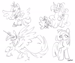 Size: 2048x1713 | Tagged: safe, artist:lilytheflowerl, twilight sparkle, alicorn, cute, eyes closed, female, filly, filly twilight sparkle, foal, g4, grayscale, horn, imported from derpibooru, leonine tail, mare, monochrome, open mouth, open smile, pony, princess cadance, rearing, signature, simple background, sketch, sketch dump, smiling, spread wings, tail, teen princess cadance, trio, trio female, twiabetes, unicorn, white background, wings, younger