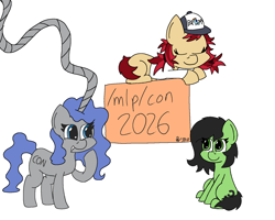 Size: 1710x1368 | Tagged: safe, artist:saikobyte, oc, oc:conpone, oc:contard, oc:filly anon, /mlp/, /mlp/ con, earth pony, female, filly, foal, hat, horn, imported from derpibooru, looking at something, mare, oc only, pony, raised hoof, simple background, sitting, sleeping, trio, unicorn