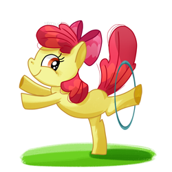 Size: 2048x2048 | Tagged: safe, artist:madokanoel, apple bloom, adorabloom, artist name, aside glance, balancing, bow, cute, earth pony, female, filly, foal, full body, g4, grass, hair bow, imported from derpibooru, looking at you, looking sideways, loop-de-hoop, my little pony: friendship is magic, pink bow, pony, simple background, smiling, solo, standing, standing on one leg, text, the cutie pox, white background