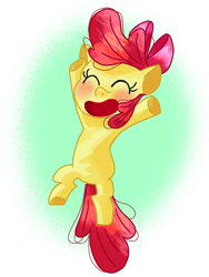 Size: 1536x2048 | Tagged: safe, artist:madokanoel, apple bloom, artist name, blushing, bow, earth pony, eyes closed, female, filly, foal, full body, g4, gradient background, green background, hair bow, imported from derpibooru, open mouth, pink bow, pony, simple background, solo, spread arms, text, white background