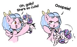 Size: 936x576 | Tagged: safe, artist:peni_sarter, princess flurry heart, alicorn, cozy glow, female, filly, foal, g4, golly, imported from derpibooru, pegasus, pony, pure concentrated unfiltered evil of the utmost potency, pure unfiltered evil, text, wings