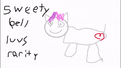 Size: 360x203 | Tagged: semi-grimdark, artist:zyuva, sweetie belle, 1000 hours in ms paint, animated, bait and switch, blood, circle tool, derpibooru exclusive, earth pony, earth pony sweetie belle, female, filly, foal, full body, g4, gif, heart, implied rarity, imported from derpibooru, looking at you, low effort, missing horn, misspelling, ms paint, paper, pointed ears, pony, race swap, simple background, smiling, smiling at you, solo, static, text, wrong cutie mark