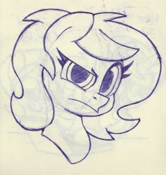 Size: 1042x1093 | Tagged: safe, artist:unitxxvii, oc, oc:filly anon, earth pony, eyebrows, female, filly, foal, frown, imported from derpibooru, looking at you, monochrome, oc only, pen drawing, pony, raised eyebrow, solo, traditional art