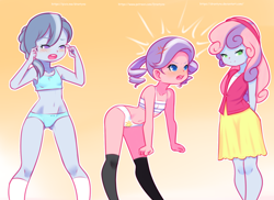 Size: 1584x1152 | Tagged: suggestive, artist:drantyno, diamond tiara, silver spoon, sweetie belle, armpits, assisted exposure, banned from derpibooru, belly button, blue underwear, blushing, bra, clothes, crop top bra, embarrassed, embarrassed underwear exposure, equestria girls, gradient background, imported from twibooru, lolicon, missing accessory, panties, ribbon, screaming, skirt, socks, striped underwear, sweetie bitch, underage, underwear, underwear swap, undressing, white underwear