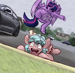 Size: 1424x1382 | Tagged: safe, artist:reddthebat, twilight sparkle, abuse, alicorn, cozy glow, cozybuse, curb stomp, duo, duo female, eye clipping through hair, eyebrows, eyebrows visible through hair, female, filly, foal, frog (hoof), funny, g4, hair over eyes, hoofbutt, imported from derpibooru, looking at you, mare, meme, open mouth, outdoors, pegasus, pinpoint eyes, ponified meme, pony, punish the villain, this will end in blood, this will end in pain, this will end in pain and/or death, underhoof