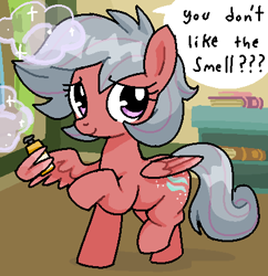 Size: 410x423 | Tagged: safe, artist:lunchbox85, oc, oc:snooty patchouli, classroom, colored wings, commission, dialogue, edit, female, filly, foal, imported from derpibooru, indoors, oc only, pegasus, pegasus oc, perfume, pony, smiling, solo, speech bubble, two toned wings, wings