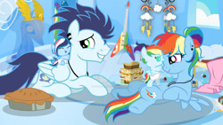 Size: 1024x579 | Tagged: safe, artist:sunflower3565, rainbow dash, oc, oc:cyclone, oc:rainbow cloud, apple, apple pie, baby, baby pony, base used, female, filly, foal, food, g4, imported from derpibooru, indoors, male, mare, momma dash, offspring, parent:rainbow dash, parent:soarin', parents:soarindash, pasta and potato sandwich on sourdough, pegasus, pie, pony, ship:soarindash, shipping, siblings, soarin', stallion, straight, twins