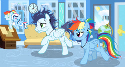 Size: 1024x555 | Tagged: safe, artist:sunflower3565, rainbow dash, oc, oc:cyclone, oc:rainbow cloud, baby, baby pony, base used, female, filly, foal, g4, imported from derpibooru, indoors, male, mare, offspring, parent:rainbow dash, parent:soarin', parents:soarindash, pegasus, pony, ship:soarindash, shipping, siblings, soarin', stallion, straight, tired, twins