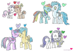 Size: 1280x899 | Tagged: safe, artist:amyandluigifan, button mash, rainbow dash, rarity, spike, sweetie belle, twilight sparkle, alicorn, colt, dragon, earth pony, female, filly, flash sentry, foal, g4, horn, imported from derpibooru, male, mare, pegasus, pony, ship:flashlight, ship:soarindash, ship:sparity, ship:sweetiemash, shipping, soarin', straight, traditional art, unicorn