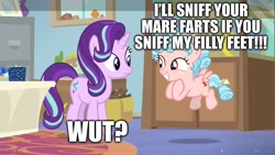 Size: 1600x900 | Tagged: safe, starlight glimmer, background pony strikes again, caption, confused, cozy glow, duo, duo female, edit, edited screencap, fart, fart fetish, feet, female, fetish, filly, foal, foot fetish, frown, g4, glimmygod, gollyfag, grin, happy, horn, i can't believe it's not useraccount, image macro, implied farting, implied feet, implied fetish, implied foalcon, imported from derpibooru, indoors, looking at each other, looking at someone, mare, marks for effort, my little pony: friendship is magic, pegasus, pony, screencap, smiling, text, unicorn, wat