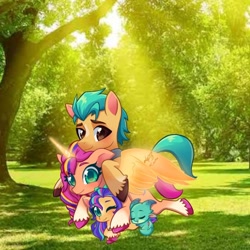 Size: 1080x1080 | Tagged: safe, artist:lapin d lune, oc, oc:moonlight starblazer, alicorn, baby, baby dragon, crepuscular rays, cuddling, dragon, earth pony, family, female, filly, foal, g5, group, hitch trailblazer, imported from derpibooru, male, mare, outdoors, pony, quartet, race swap, ship:starblazer, shipping, sleeping, sparky sparkeroni, stallion, straight, sunny starscout, sunnycorn, tree