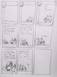 Size: 2169x2899 | Tagged: safe, artist:pony quarantine, oc, oc:dyx, oc:ponyquarantine, series:pq funnies, 500 cigarettes, alicorn, comic, comic strip, dialogue, duo, duo male and female, female, filly, foal, grayscale, human, imported from derpibooru, male, meme, meta humor, monochrome, oc only, pencil drawing, pony, the orville, traditional art