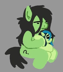Size: 486x552 | Tagged: safe, artist:violet-rain, oc, oc:anon-mare, oc:anonogee, anatomically incorrect, duo, duo female, earth pony, female, filly, foal, gray background, imported from derpibooru, incorrect leg anatomy, magical lesbian spawn, mare, mother and child, mother and daughter, oc only, offspring, parent:oc:apogee, parent:oc:filly anon, parents:oc x oc, pegasus, pony, simple background, sitting