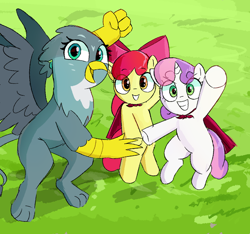 Size: 1180x1106 | Tagged: safe, artist:caraloh, apple bloom, sweetie belle, adorabloom, beak, bipedal, cape, clothes, cmc cape, cute, diasweetes, earth pony, eye clipping through hair, eyebrows, eyebrows visible through hair, female, filly, foal, g4, gabby, gabbybetes, griffon, grin, horn, imported from derpibooru, looking at you, open beak, open mouth, open smile, outdoors, pony, smiling, smiling at you, trio, trio female, unicorn