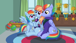 Size: 9600x5400 | Tagged: safe, artist:cyanlightning, rainbow dash, .svg available, absurd resolution, ball, bow hothoof, carrying, cute, dashabetes, father and child, father and daughter, female, filly, foal, g4, imported from derpibooru, indoors, looking at each other, looking at someone, male, mare, mother and child, mother and daughter, open mouth, open smile, pegasus, pony, sitting, smiling, stallion, table, trophy, vector, window, windy whistles, windybetes, younger