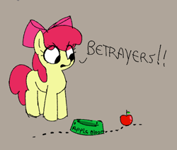 Size: 901x769 | Tagged: safe, artist:caraloh, apple bloom, ant, ants, apple, dialogue, earth pony, eye clipping through hair, eyebrows, eyebrows visible through hair, female, filly, foal, food, g4, gray background, imported from derpibooru, insect, looking at something, no iris, pet bowl, pony, simple background, solo