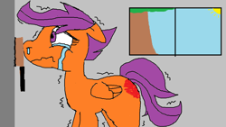 Size: 1152x648 | Tagged: safe, scootaloo, blank flank, brush, crying, discipline, female, filly, foal, g4, hairbrush, implied spanking, imported from derpibooru, ms paint, pegasus, pony, punishment, running nose, shaking, snot, solo, spank mark, spanked, sun, tears of pain, this ended in pain, this ended in spanking, this ended in tears, time out, tree, wall, window