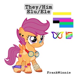 Size: 736x736 | Tagged: safe, artist:frankwinnie, scootaloo, adhd, band-aid, band-aid on nose, bandage, dyslexia, ear piercing, earring, female, filly, foal, g4, goggles around neck, headcanon, imported from derpibooru, jewelry, lgbt headcanon, nonbinary, nonbinary pride flag, nonbinary scootaloo, pegasus, piercing, polysexual, polysexual pride flag, polysexual scootaloo, pony, portuguese, pride, pride flag, pronouns, redesign, scootaloo redesign, scootaloo uses neopronouns, simple background, smiling, solo, solo nonbinary, unshorn fetlocks, white background