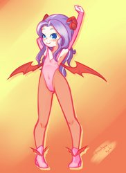 Size: 785x1080 | Tagged: suggestive, artist:drantyno, diamond tiara, banned from derpibooru, breasts, cameltoe, clothes, female, human, humanized, imported from twibooru, leotard, lolicon, looking at you, pantyhose, small breasts, smiling, solo, solo female, succubus, underage