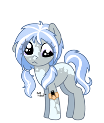 Size: 1754x2085 | Tagged: safe, artist:sugar breeze, oc, oc:winter mist, derp, earth pony, earth pony oc, female, filly, foal, gray coat, imported from derpibooru, insect, lazy eye, missing cutie mark, oc only, pigtails, pony, purple eyes, simple background, striped hair, text, white background