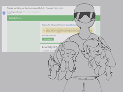 Size: 1591x1190 | Tagged: safe, oc, oc:anon, oc:filly anon, blush lines, blushing, cute, ear blush, female, filly, filly anon is not amused, floppy ears, foal, frown, google, holding a pony, imported from derpibooru, male, oc only, ocbetes, pony, smiling, sunglasses, tail, tail wag, text, trio