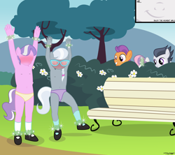 Size: 4075x3625 | Tagged: questionable, artist:tolpain, diamond tiara, silver spoon, sweetie belle, anthro, banned from derpibooru, clothes, embarrassed, embarrassed nude exposure, embarrassed underwear exposure, female, female focus, imported from twibooru, lolicon, magic, magical binding, nudity, panties, purple underwear, rumble, solo focus, tender taps, underage, underwear, yellow underwear