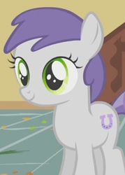 Size: 439x612 | Tagged: safe, call of the cutie, closed mouth, confetti, cropped, cute, earth pony, earth pony tornado bolt, female, filly, foal, g4, green eyes, imported from derpibooru, indoors, my little pony: friendship is magic, offscreen character, pony, screencap, season 1, smiling, solo, tornado bolt, tornadorable