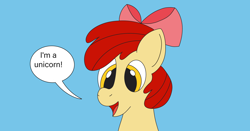 Size: 3999x2100 | Tagged: safe, artist:sugar and spice productions, apple bloom, :d, alternate eye color, blatant lies, blue background, bow, bust, cute, dialogue, earth pony, female, filly, foal, g4, imported from derpibooru, open mouth, open smile, pink bow, pony, red mane, simple background, smiling, solo, speech bubble, text, yellow coat, yellow eyes