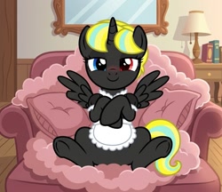 Size: 1111x960 | Tagged: safe, artist:weker, oc, oc:littlelight, ai composition, ai content, alicorn, alicorn oc, bedroom, butt, clothes, cute, female, filly, foal, g4, heterochromia, horn, imported from derpibooru, indoors, maid, metacorn, oc only, plot, pony, solo, spread wings, unicorn horn, wings