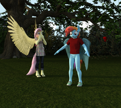 Size: 2160x1920 | Tagged: questionable, artist:jawolfadultishart, fluttershy, rainbow dash, 3d, anthro, banned from derpibooru, blushing, bottomless, clothes, daz studio, embarrassed, embarrassed nude exposure, featureless crotch, flip-flops, imported from twibooru, lolicon, nudity, partial nudity, shoes, spread wings, story included, underage, wardrobe malfunction, wingboner, wings