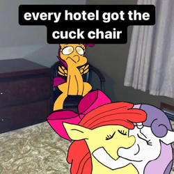 Size: 554x554 | Tagged: safe, apple bloom, scootaloo, sweetie belle, artist needed, cuck chair, cutie mark crusaders, earth pony, edit, female, filly, foal, g4, horn, imported from derpibooru, indoors, kissing, lesbian, making out, pegasus, pony, ship:sweetiebloom, shipping, source needed, unicorn, yoshi and toad kissing meme
