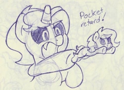 Size: 1164x847 | Tagged: safe, artist:unitxxvii, oc, oc:dyx, oc:filly anon, alicorn, duo, duo female, earth pony, female, filly, foal, imported from derpibooru, monochrome, oc only, open mouth, pen drawing, pony, slur, throwing, tiny, tiny ponies, traditional art, underhoof, vulgar