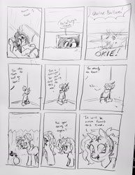 Size: 2296x2969 | Tagged: safe, artist:pony quarantine, oc, oc:anon-mare, oc:dyxkrieg, oc:okie dokey loki, series:pq funnies, alicorn, clothes, comic, comic strip, dialogue, earth pony, female, filly, foal, grayscale, half-siblings, hoodie, horn, imported from derpibooru, lying down, magic, magical lesbian spawn, mare, monochrome, offspring, on back, parent:oc:dyx, parent:oc:filly anon, parent:oc:luftkrieg, parents:oc x oc, pencil drawing, pony, siblings, sisters, sitting, telekinesis, time out, traditional art, trio, trio female, unicorn, unusual pupils, water balloon