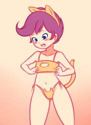 Size: 785x1080 | Tagged: suggestive, artist:drantyno, scootaloo, banned from derpibooru, blushing, bra, breasts, cameltoe, cat ears, cat lingerie, cat tail, clothes, crop top bra, delicious flat chest, female, gradient background, human, human coloration, humanized, imported from twibooru, light skin, lingerie, lolicon, orange underwear, panties, side knot underwear, solo, solo female, thong, underage, underwear